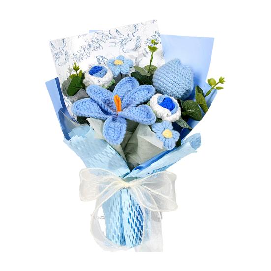 Gehäkelte künstliche Blumen Handgefertigter Strauß Gehäkelte Blumen mit realistischen grünen Kunstblättern Romantisches Valentinstagsgeschenk für sie blau