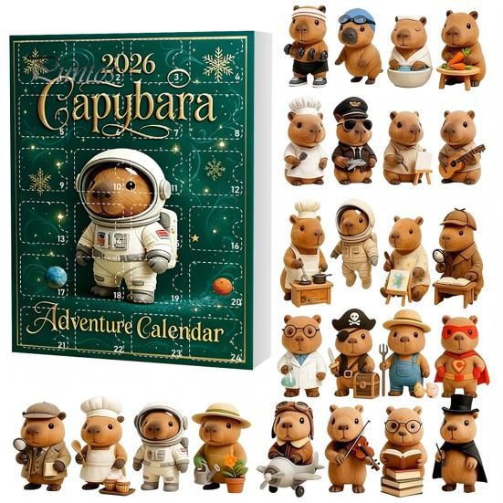 Schreibtisch-Dekorationsfiguren 2026 Weihnachtskapybara Adventskalender, 24 Tage Countdown mit Feiertags-Geschenkbox für Kinder Niedliche 2D Hängende Ornamente, Klein C brown