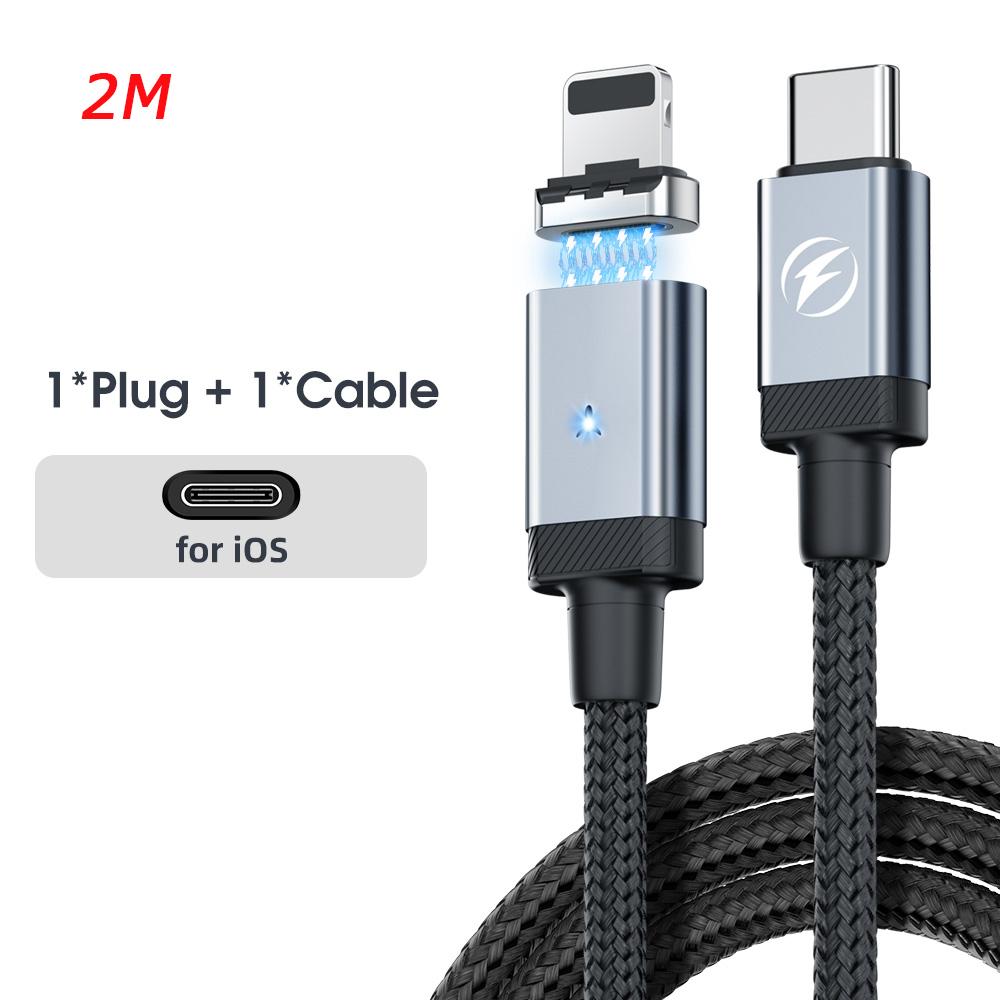 Fonken USB-C-Magnetkabel PD 65 W USB-C-auf-Typ-C-Schnellladekabel 27-W-Typ-C-auf-Lightning-Kabel für iPone-Samsung-Telefone Magnetisches Datenkabel 2M-iOS schwarz