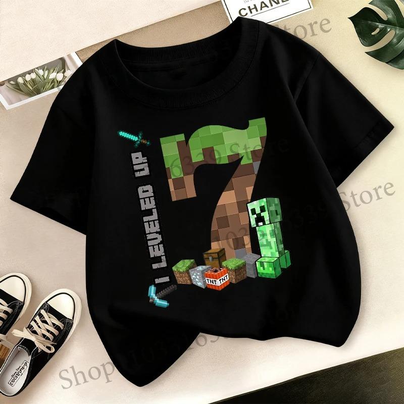 Geburtstagszahl T-Shirt Partyzubehör Geschenk Minecraft Cartoon Kinderkleidung Jungen Oberteile Sommer Kurzarm Rundhals T-Shirts 130cm black
