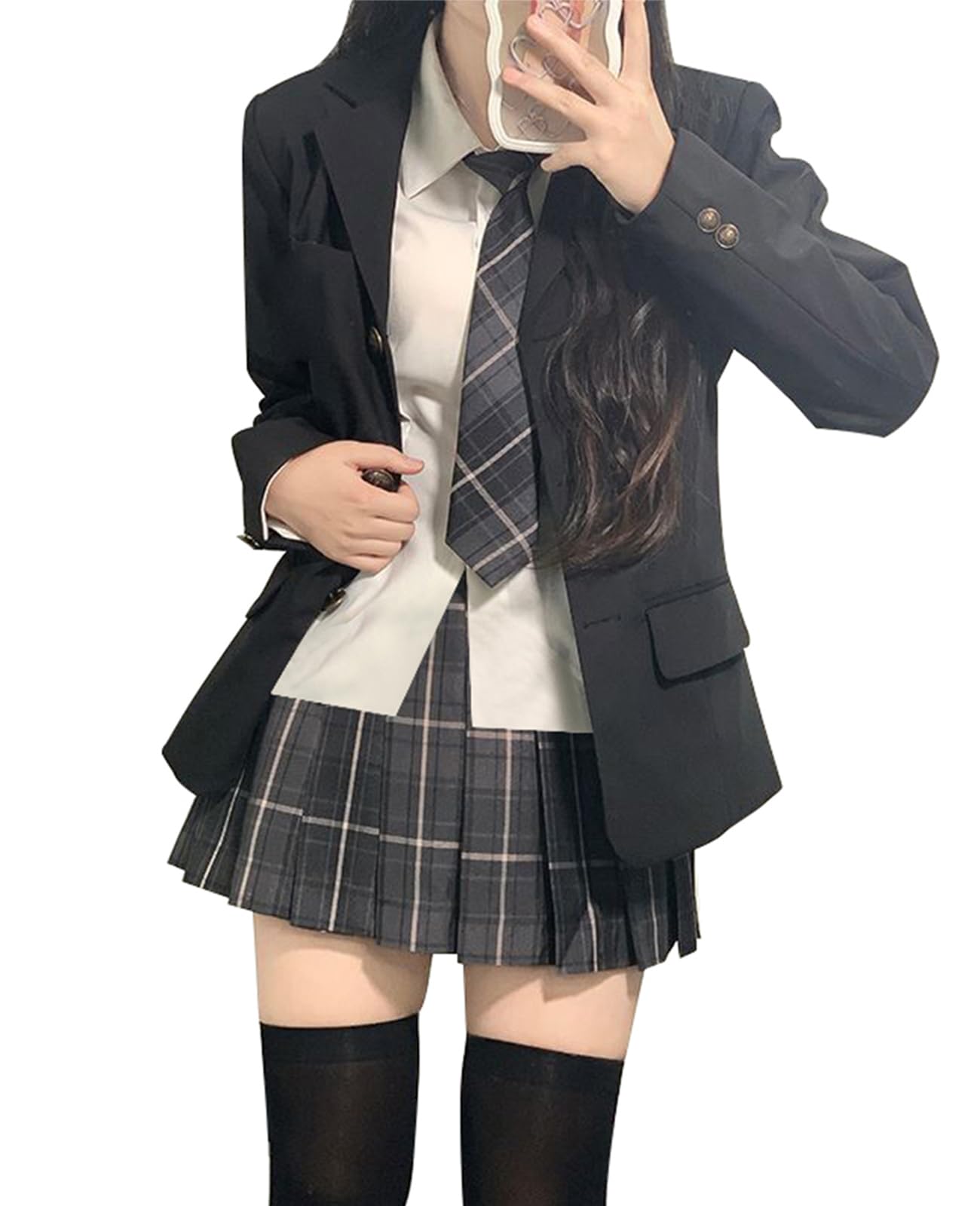 Highschool Mädchen Matrosen JK Kariert Größe M [KALAOK] Uniform, Anzug, Uniform, 5-teiliges Set Band, Blazer, Rock, Muster, Schwarz, schwarz