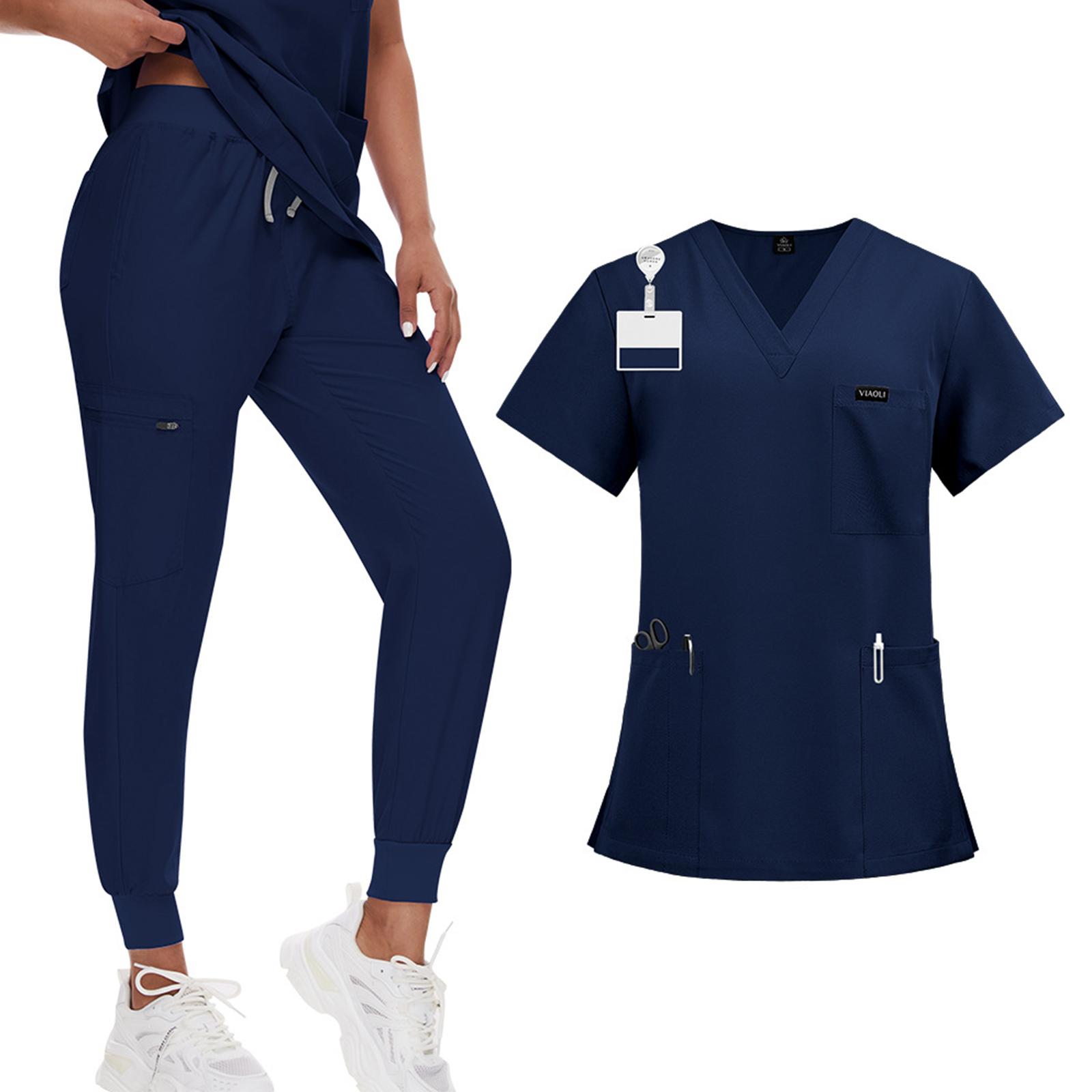 Damen Zwei-Teiler Kasack-Set mit V-Ausschnitt Kurzarm-Oberteil und Jogginghose für Medizinische Uniformen Gesundheitswesen Arbeitskleidung L