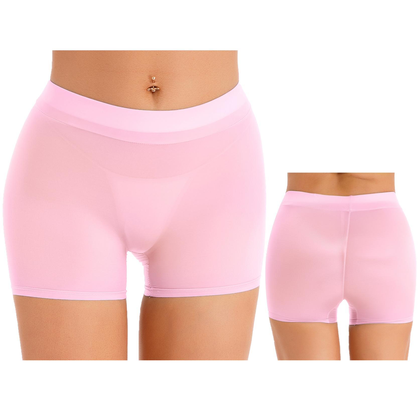 Halbdurchsichtige Damen-Shorts, glänzend, dehnbar, kurze Hose mit niedrigem Bund, Unterwäsche, Nachtwäsche One Size rosa