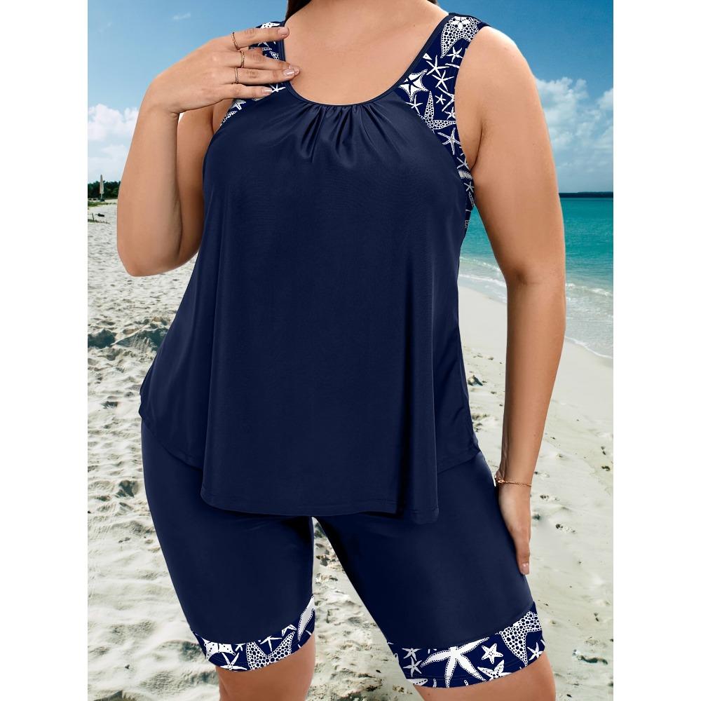 Tankini-Set in Übergröße, schlichtes Tankini-Set für Damen in Übergröße, Rundhalsausschnitt, Tanktop und Shorts mit Grafikdruck, 2-teiliges Set 4XL(20) navy blau