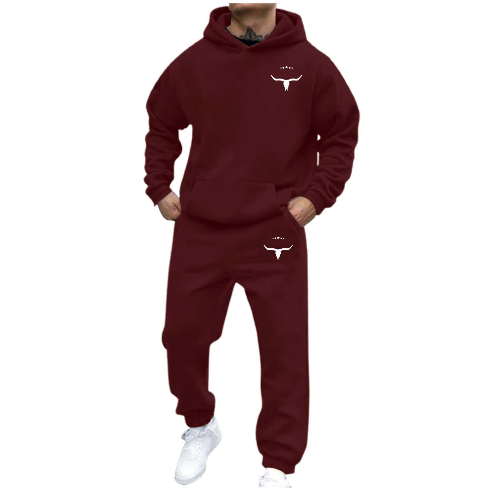 Herren Casual und personalisiert bedrucktes Langarm-Kapuzensweatshirt, Herren Sport-Sweatshirt und Sweatpants zweiteiliges Set XXXL weinrot