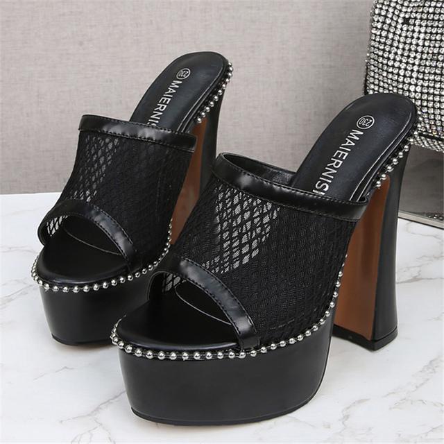 Damen Sommer Block 14cm High Heels 4cm Plateau Pantoletten Peep Toe Mesh Pantoletten Lady Nieten Hausschuhe Extreme Heels Modeschuhe 42 schwarz