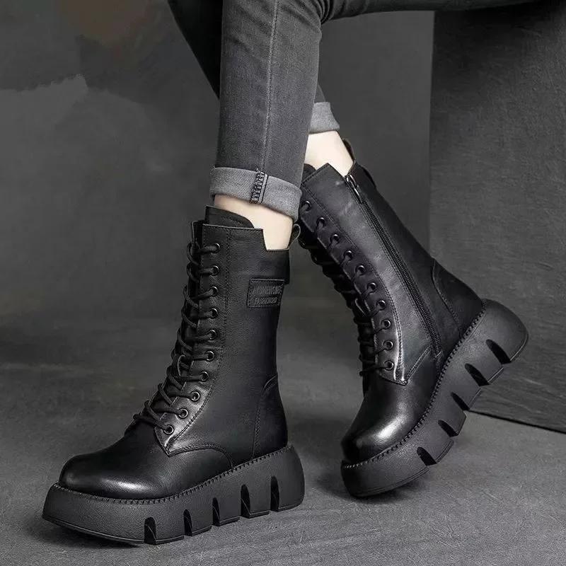 Mode Winter Leder Damenstiefel Runde Zehenpartie Mittelhoher Absatz Stiefeletten für Damen Schnürstiefel Warm Schneestiefel Retro Damen Plateau Bikerstiefel Damen 38 schwarz