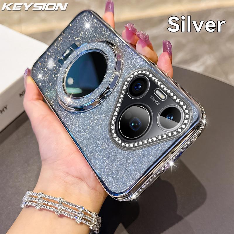 KEYSION Glitzerndes Schmuck-Magnet-Handyhülle für Huawei Pura 70 Pro Make-up-Spiegel-Ständer Stoßfeste Hülle für Huawei Pura 70 for Huawei Pura 70 silber