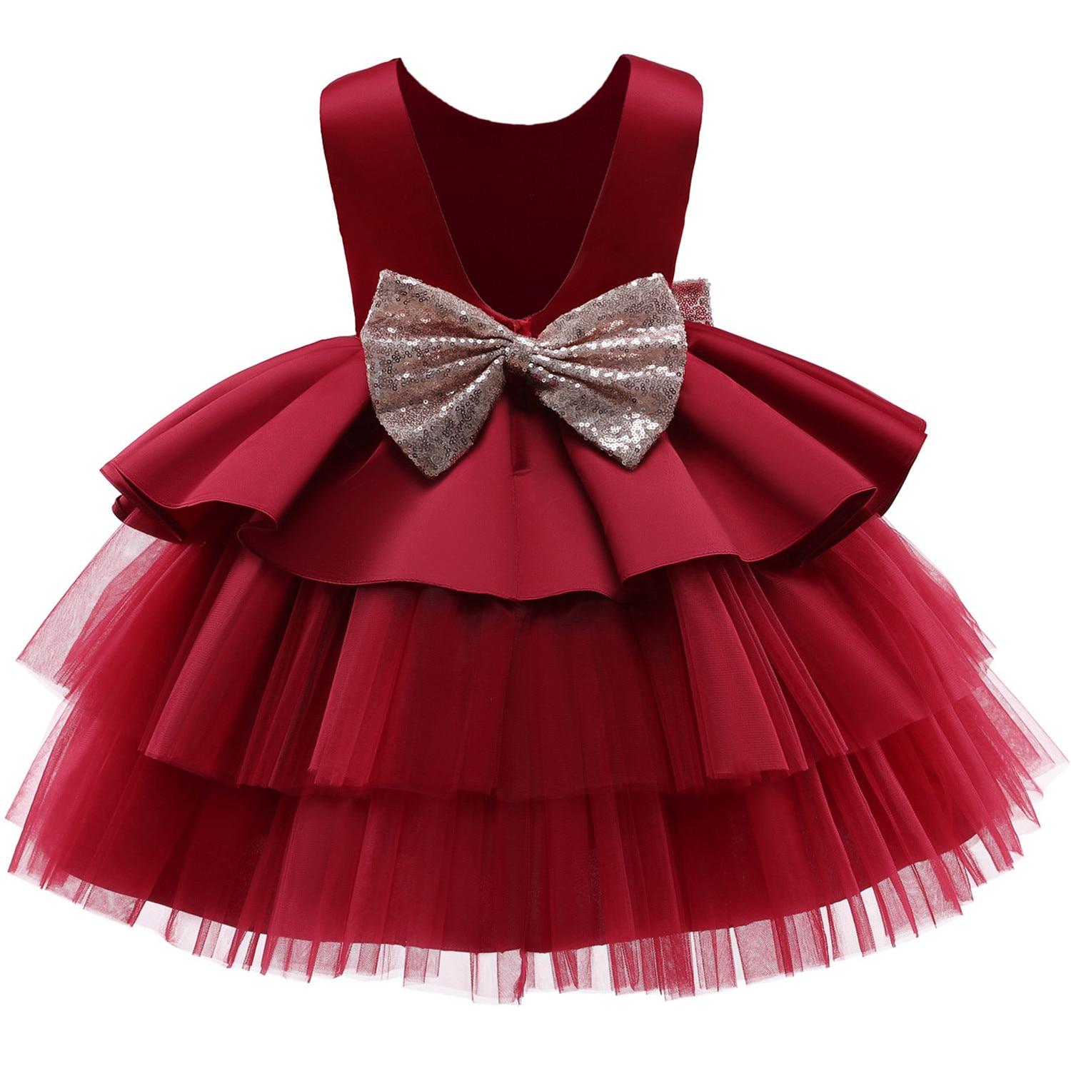 Kleinkind Baby Mädchen Kleid Große Schleife Taufkleid für Mädchen Erstes Jahr Geburtstag Party Hochzeitskleid Babykleidung Tutu Flauschiges Kleid 120cm rot