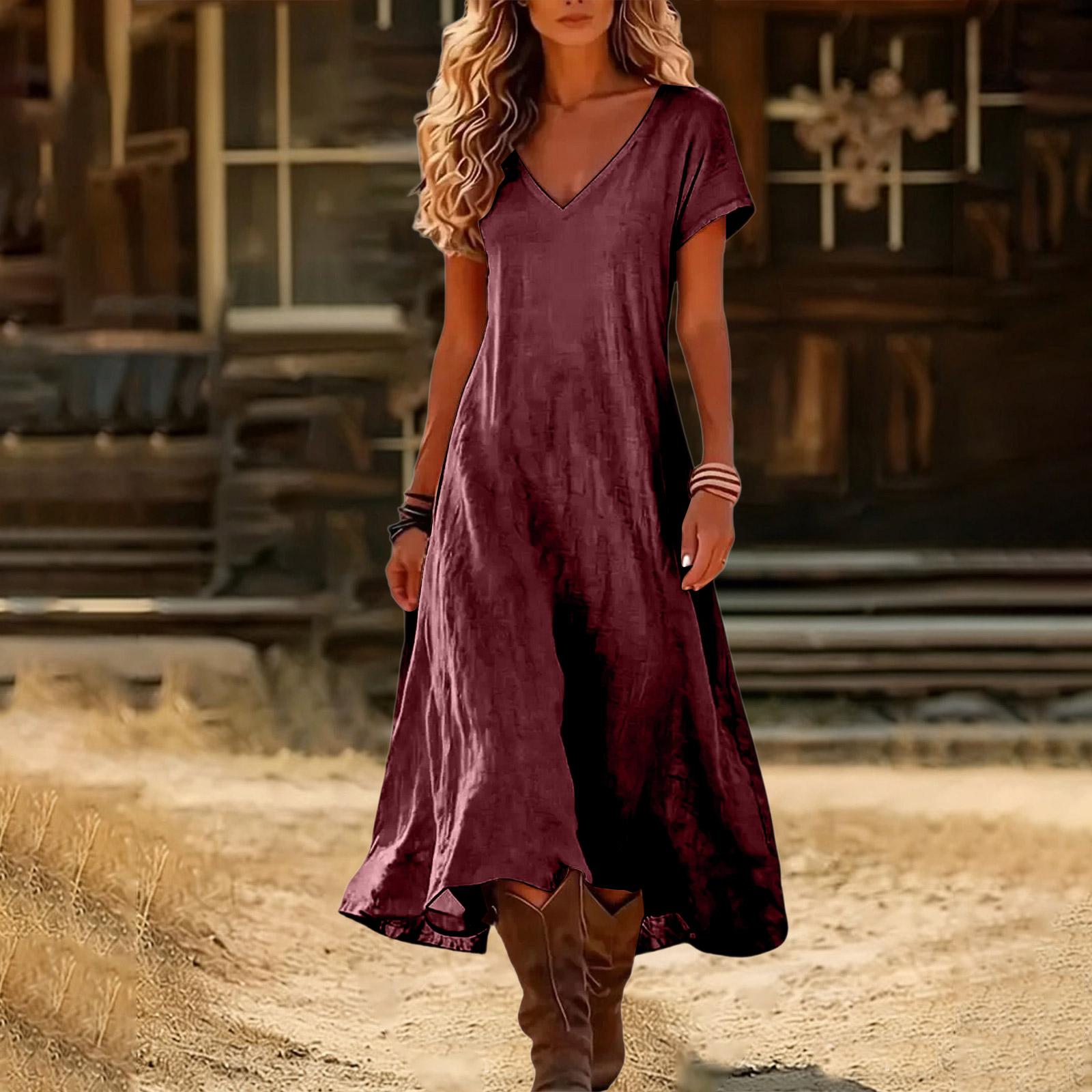Boho-Kleider für Damen 2026 V-Ausschnitt Kurzarm-Sonnenkleider für Damen Sommerkleider für Damen Lässiger Lockerer Schnitt XXXL weinrot