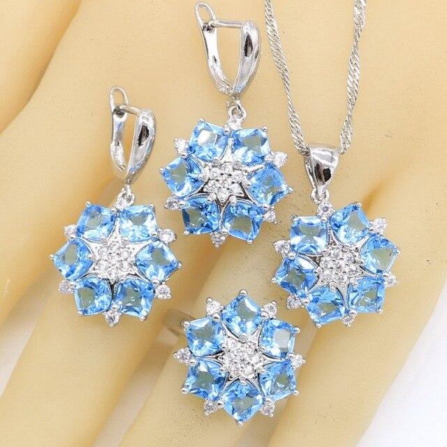 Himmelblauer Topas 925 Silber Hochzeit Schmucksets für Frauen Armband Ohrringe Halskette Anhänger Ring Braut Geburtstagsgeschenk 10