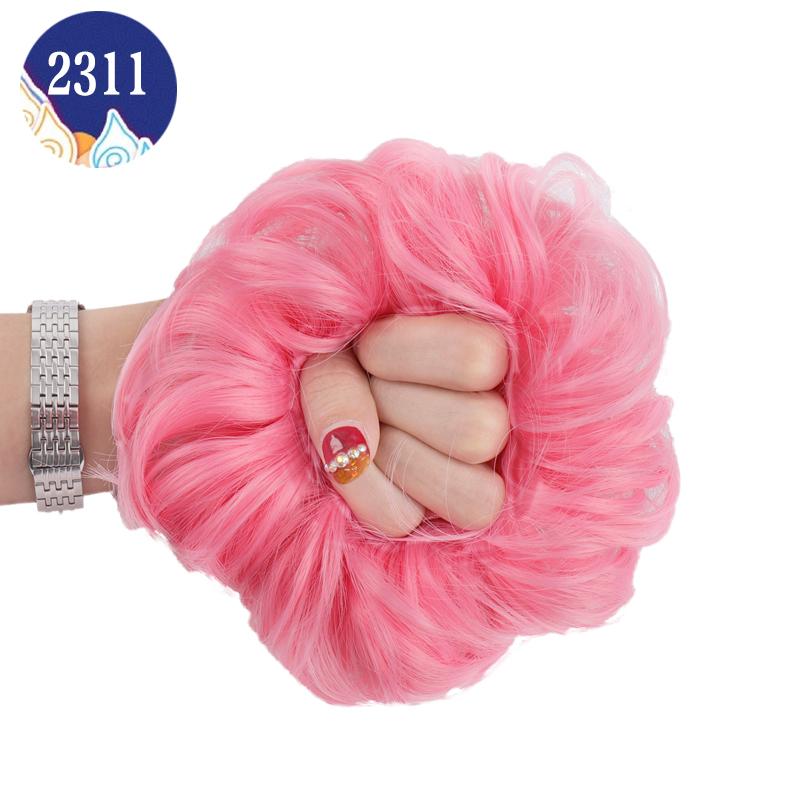Haarknoten, Haarteil, dunkelbraun, Messy Bun, Haarverlängerung, für Damen, gewellt, lockig, Hochsteckfrisur, Haargummi, elastisch pink