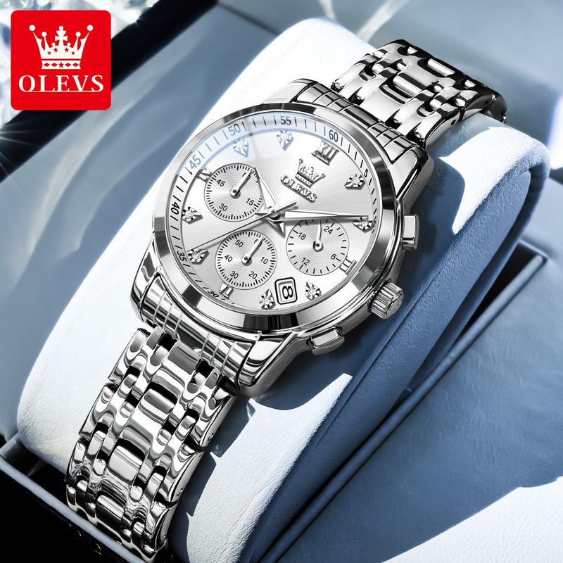 OLEVS Damenuhr Original Elegant Multifunktion Quarz Armbanduhr Wasserdicht Edelstahl Damenuhren Geschenke weiß/silber
