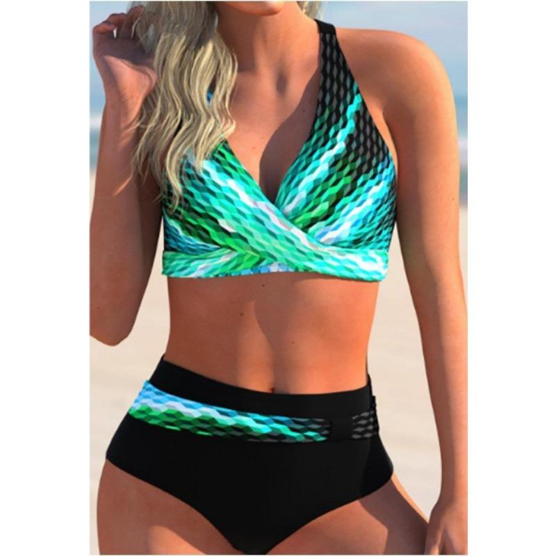 Hohe Taille Bikini Sexy Badeanzug Frauen Push Up Bikini Set Plus Size Bademode Strand Badeanzug M blue