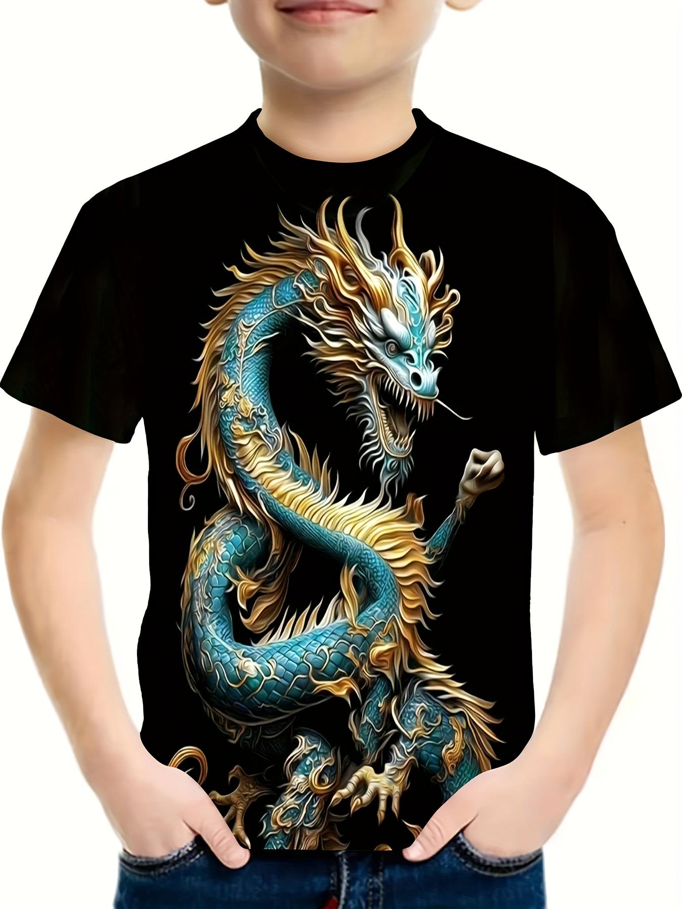 Kinderbekleidung T-Shirts für Jungen Kurzarm Kinder T-Shirt Stilvoller 3D-Drache-Graphit-Druck Lässige Mädchen Sommerkleidung Tops 120 beige