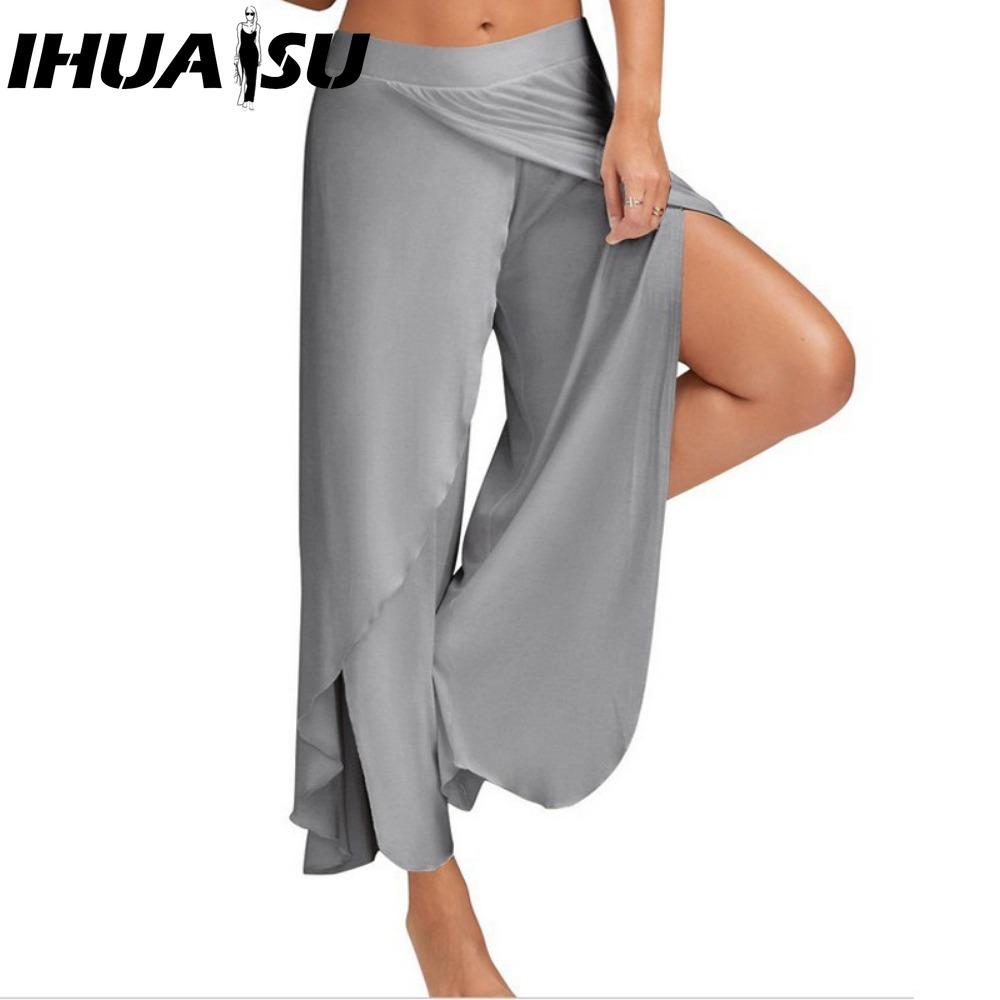 IHUASU 10 Farben Damen Palazzo Boho Weitbein Hose Chiffon Rock Schlaghose Yoga Hose Übergröße S grau