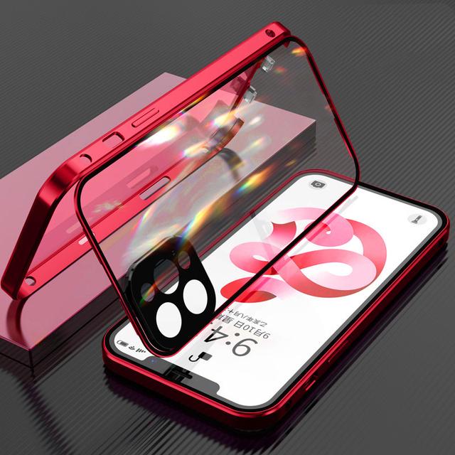 360 Rundumschutz Metall Magnetische doppelseitige Glashülle für IPhone 14 12 11 Pro 13 Max Plus Objektiv Kameraschutzabdeckung For iPhone12 rot