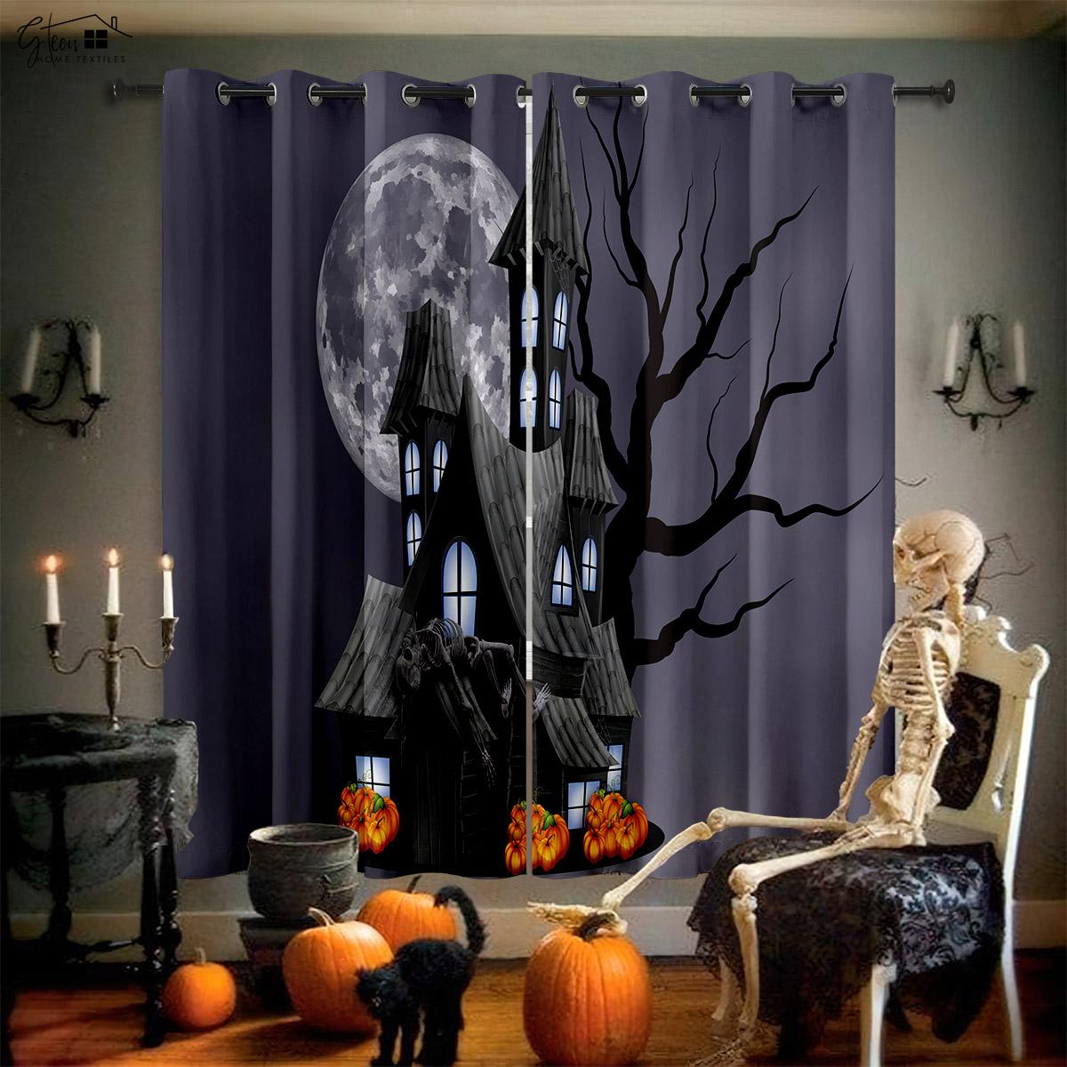 Halloween Dekoration Fenster Vorhänge Horror Schloss Kreatives Cartoon Druck Design Vorhänge Kinderzimmer Restaurant Party Dekoration Vorhänge W50xH130(CM)x2PCS&Rod pocket black