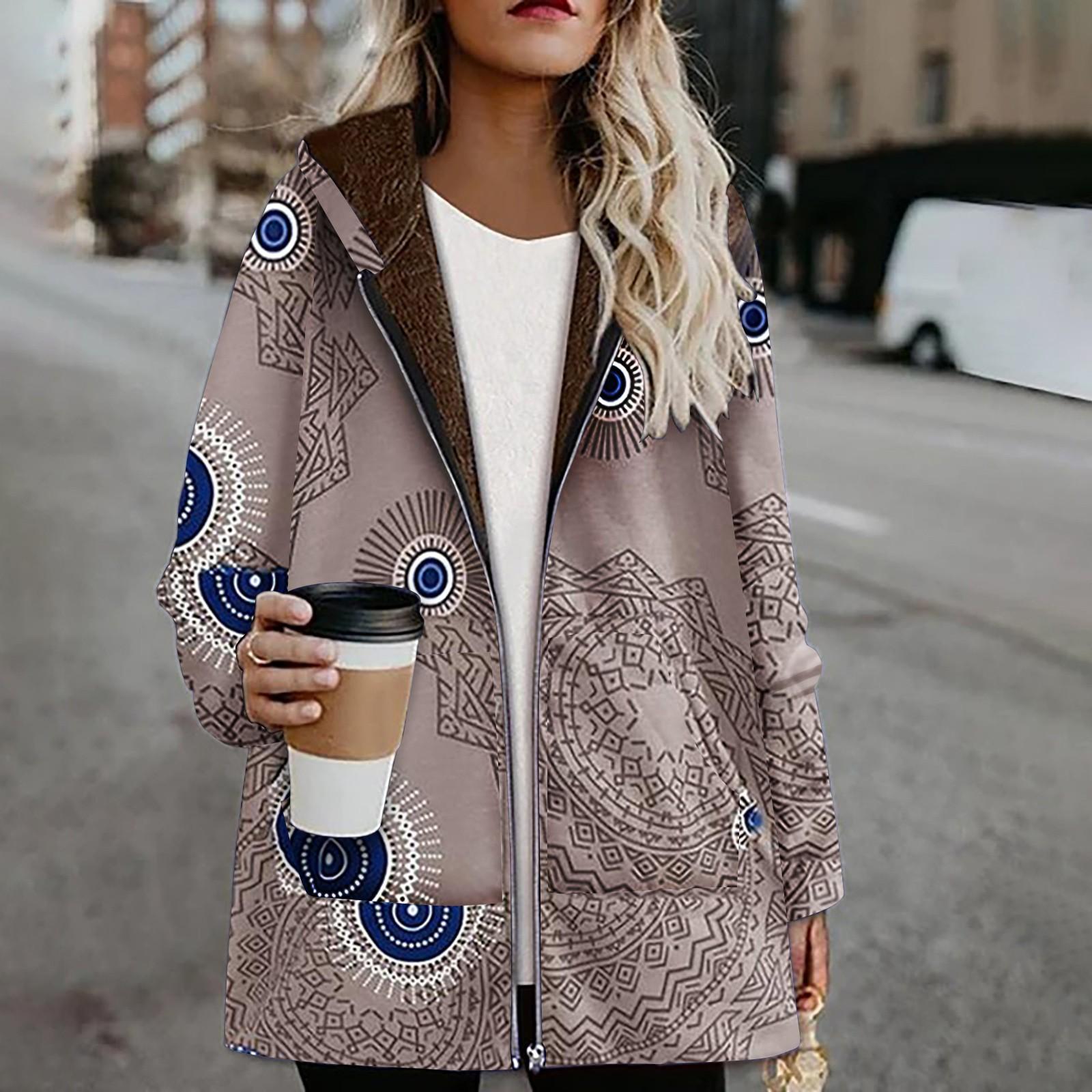 Damen Wintermantel, lässige Outwear, warm, Retro-Print, Taschen, Reißverschluss, Kapuze, dicker Mantel, Übergröße 5XL kaffeebraun