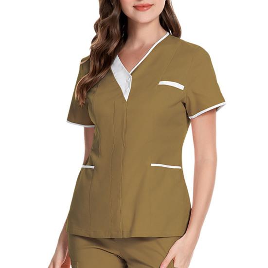 V-Ausschnitt Kurzarm Krankenhaus Krankenschwester Tops Patchwork Farbe Taschen Knöpfe Ausschnitt Tops Dental Chirurgie Tops Arbeitskleidung 2XL khaki