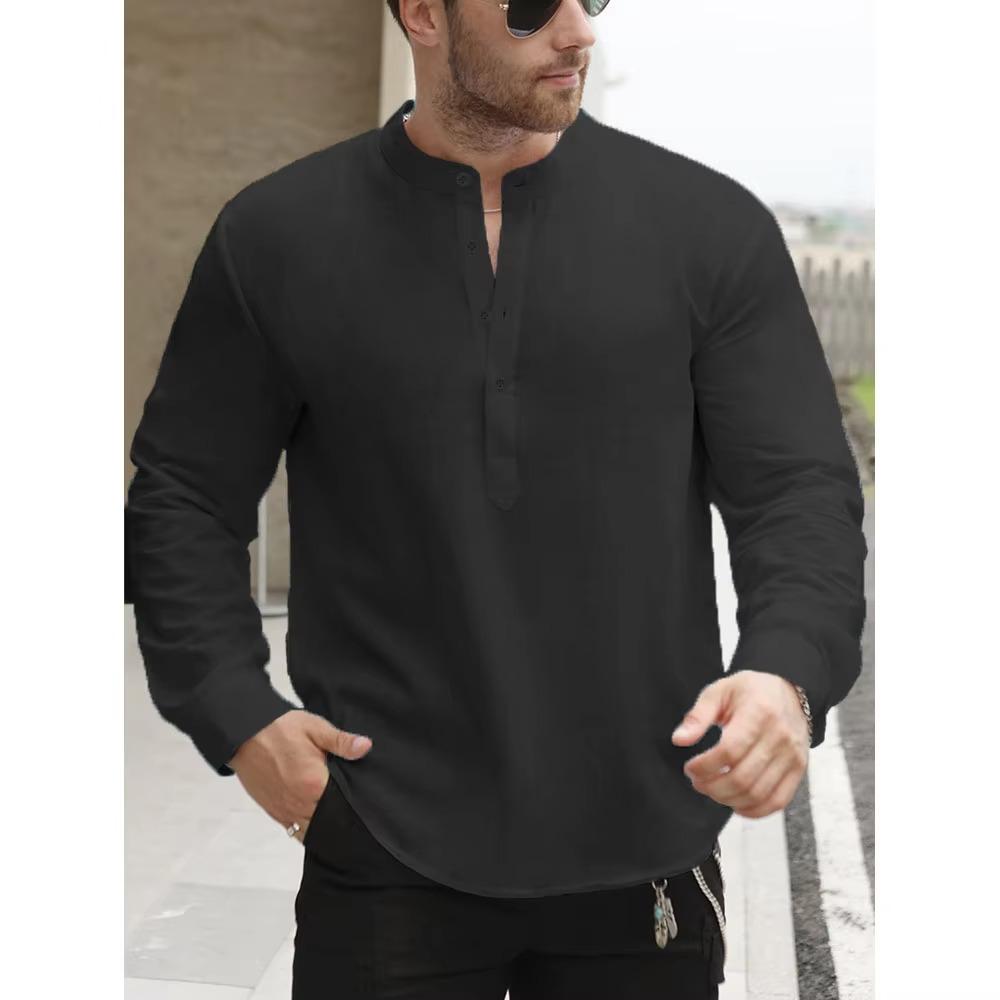 Hochwertige weiße Baumwollleinen Henley-Shirts für Herren Leicht Langärmlig Lässig Streetwear Alltagskleidung US M 60-70 KG schwarz