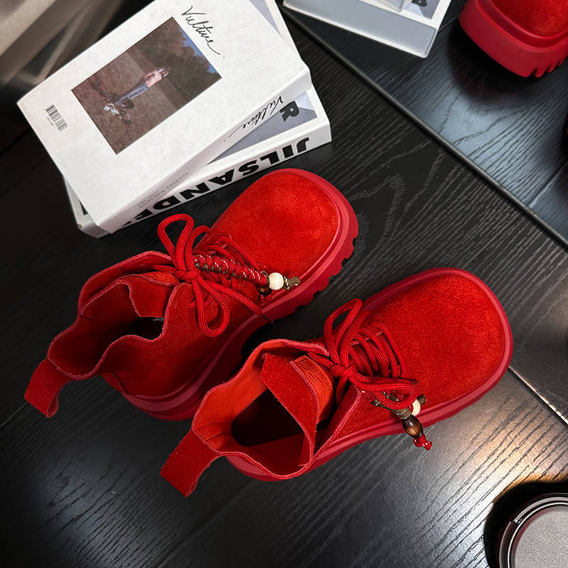 Europäische Martin-Stiefel mit dicker Sohle und Absatz für Damen, 2025 Herbst, neue vielseitige Schnür-Stiefel mit großer Kappe, kleine Biker-Stiefel, kurze Stiefel 39 rot