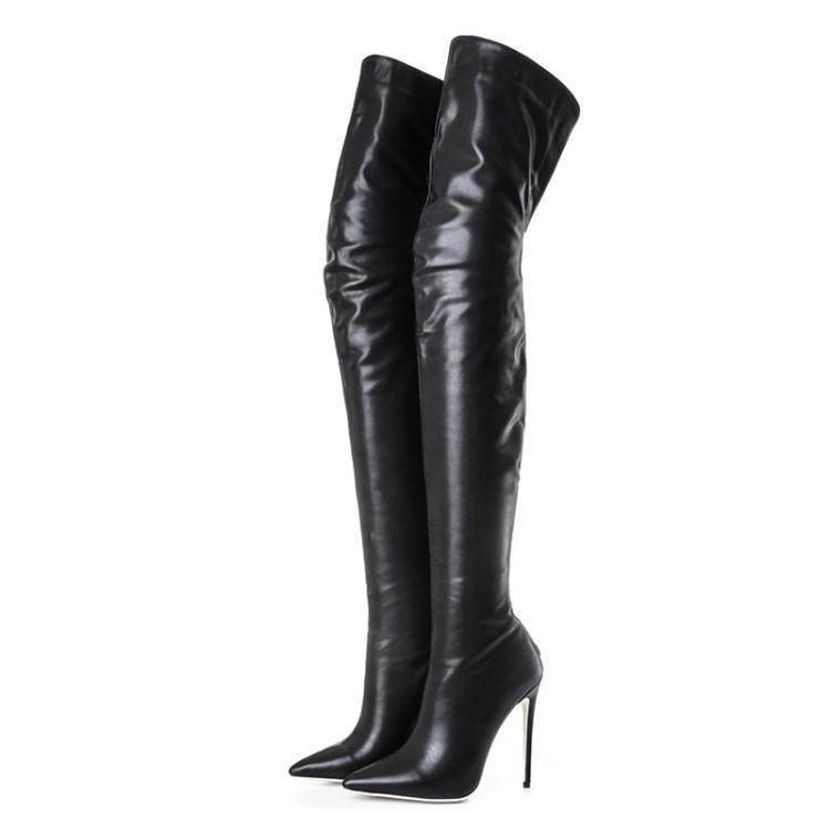 Mode Damen Kniehohe Lange Stiefel Mode Sexy Party Stilettoabsatz Elegante Damenstiefel Glänzendes Lackleder Lange Stiefel Botas De Mujer 44