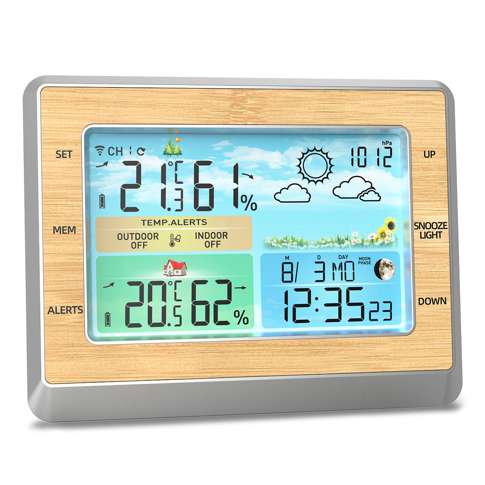 Wetterstation, kabelloses Innen- und Außenthermometer, 6-Zoll-Farb-LED-Display, Temperatur und Luftfeuchtigkeit antikbraun