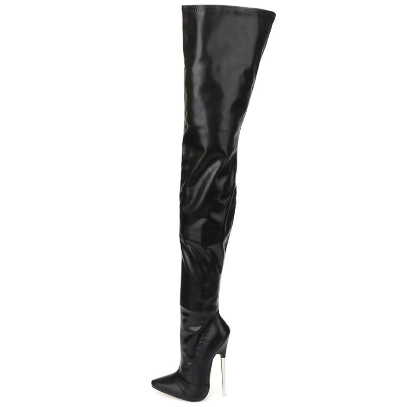 Schritthohe Stiefel JIALUOWEI 18 cm Super High Heel Stiletto Stiefel Frauen Lackleder Sexy Schwarz Stretch Oberschenkel Hohe Stiefel 44 matte schwarze