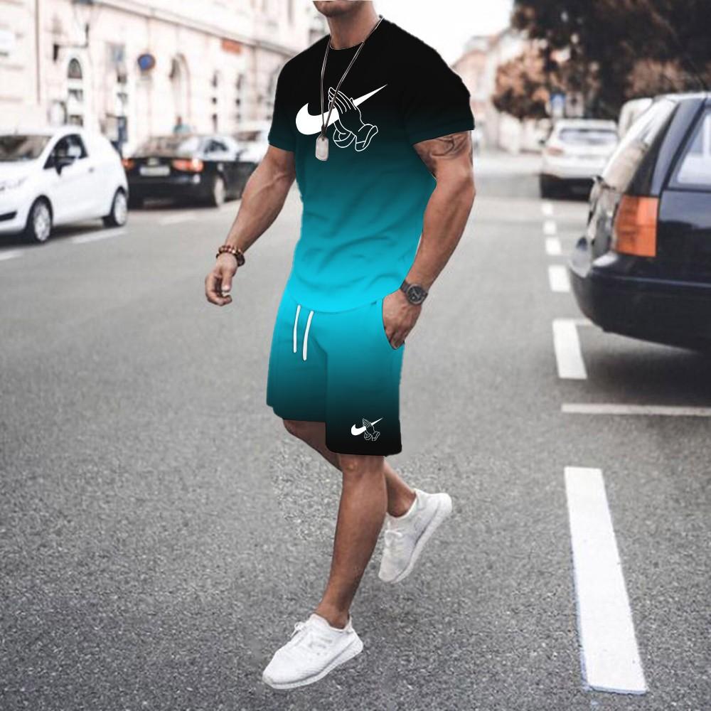 Modische Herren-Sportbekleidung 3D Herren Farbverlauf Kurzarm-T-Shirts und Sportbekleidung Sommer Lässig Jogginganzug 3XL