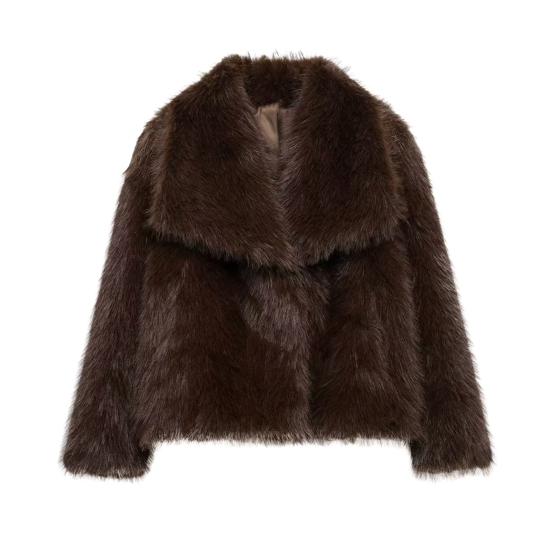 Damen Kunstfell Fuzzy Mantel Lässig Flauschig Langarm Revers Zottelige Jacke Winter Pelzig Offen Vorne Kurzer Mantel S kaffeebraun