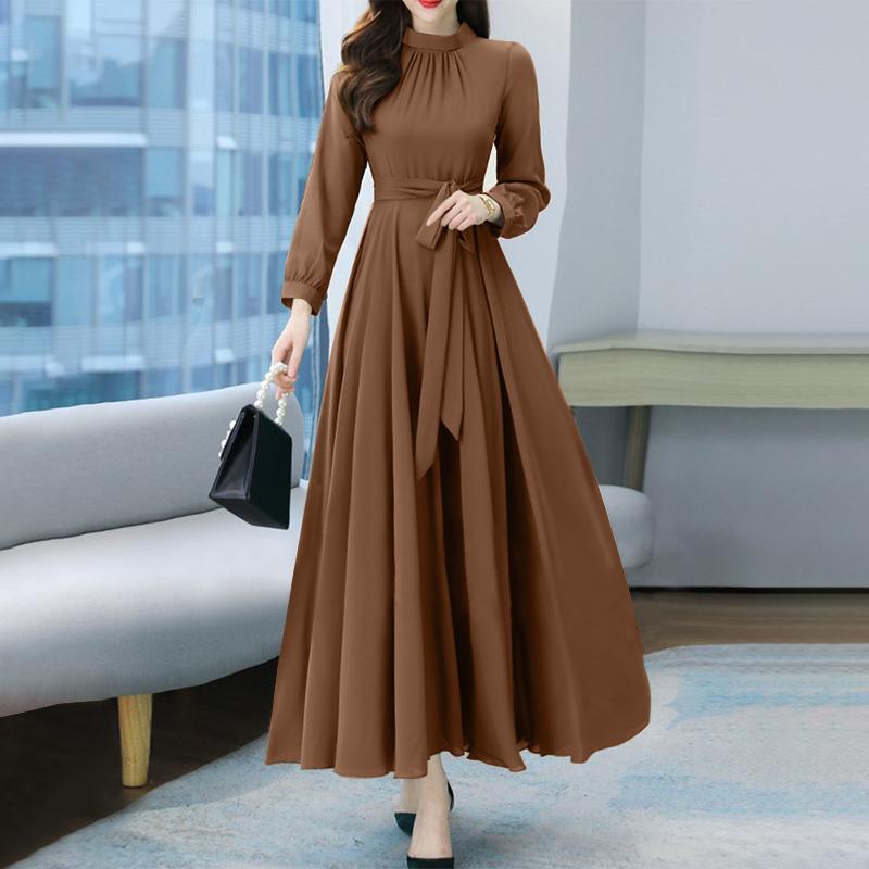 ZANZEA Damenmode A-Linie Kleid Frühling Sommer Casual O-Ausschnitt Langarm Langes Kleid 2XL kaffeebraun