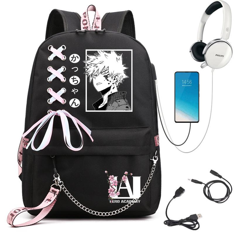 My Hero Academia Anime Damen Rucksack USB-Anschluss Damen Reise Rucksack Umhängetasche Katsuki Bakugo Anime Trend Laptop Rucksack