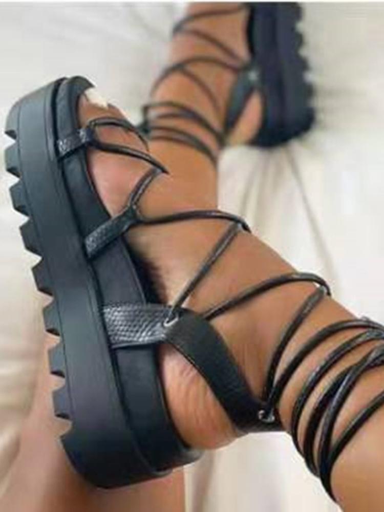 Mode Gladiator Sandalen Für Damen 2024 Sommer Frau Dicke Sohle Plateau Flache Damenschuhe Mode Kreuzriemen Sandalen Damenschuhe 41 schwarz