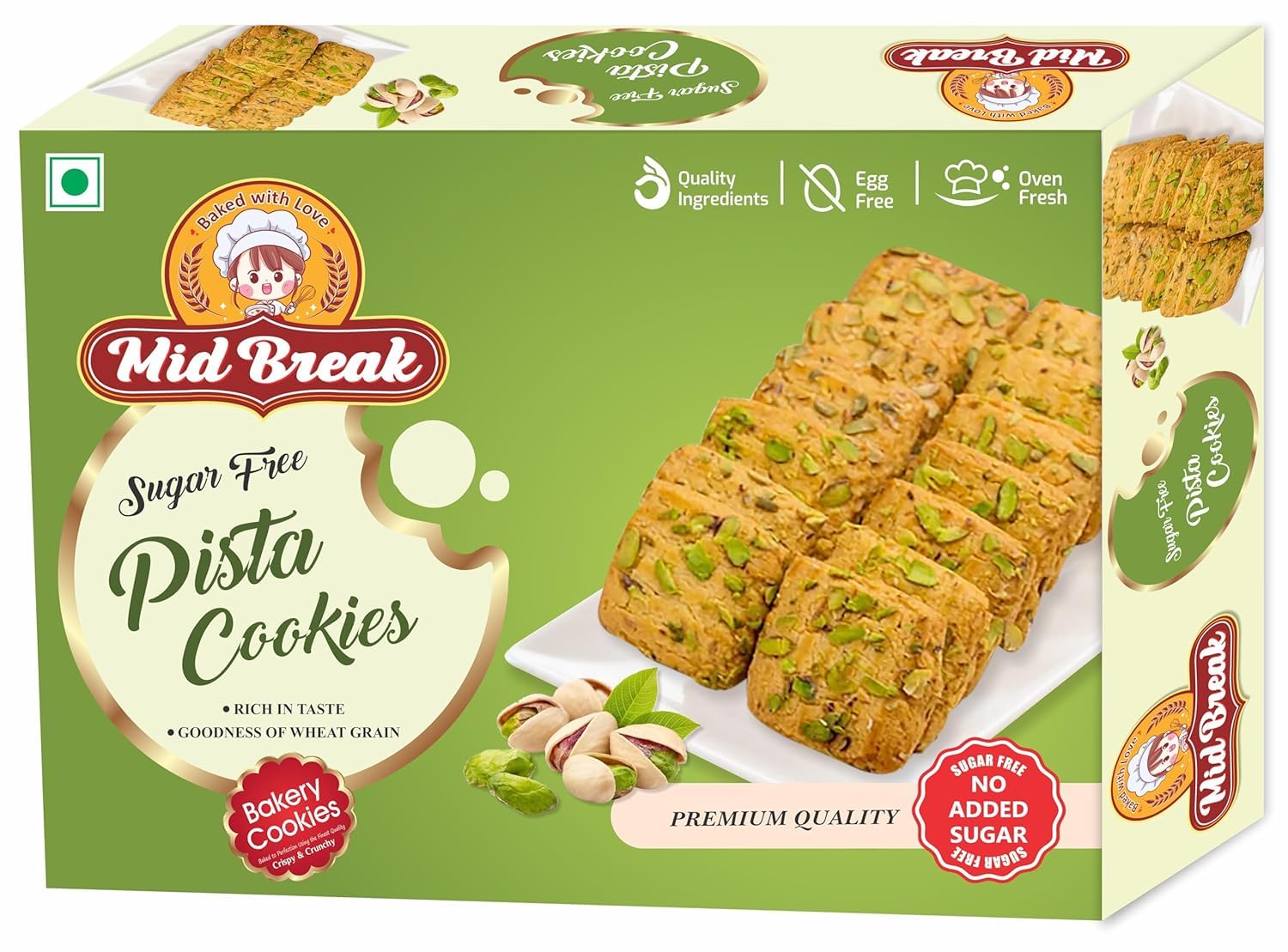 Midbreak Pista Delight Kekse - 300g (Packung mit 2) | Kekse Ohne Zugesetzten Zucker & Angereichert Mit Reichhaltigen Pistazien | Niedriger GI, Darmfreundlich Und multi