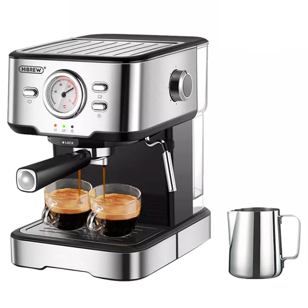 HiBREW H5 1050W Kaffeemaschine, 20 Bar halbautomatische Cappuccino-Espresso-Kaffeemaschine, 1,5 l Fassungsvermögen, Temperaturanzeige H5 silber/schwarz