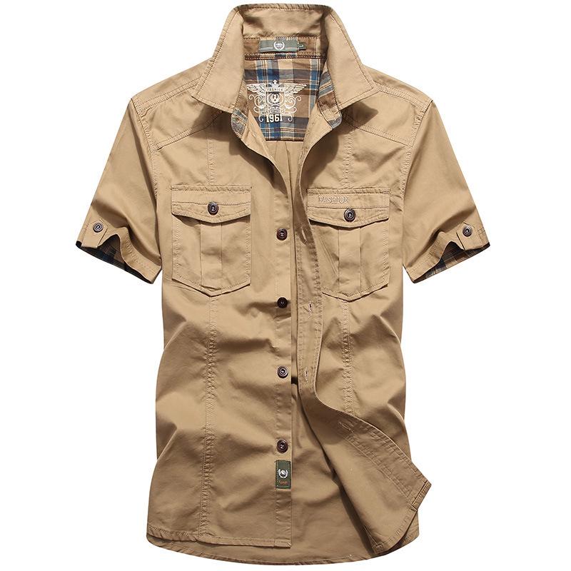 Herren Sommer Kurzarm 95% Baumwolle Button-Down Hemd, Einfarbig, Übergröße, Hemd im Militärstil L khaki