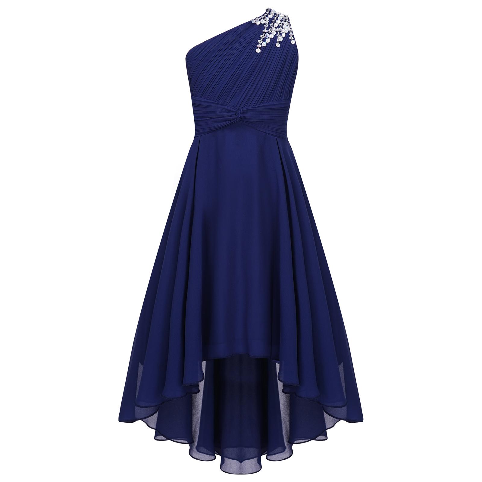 Kinder Blumenmädchen Kleid Party Prinzessin Kleid One Shoulder High-Low Saum Abendkleid 11-12 Years navy blau