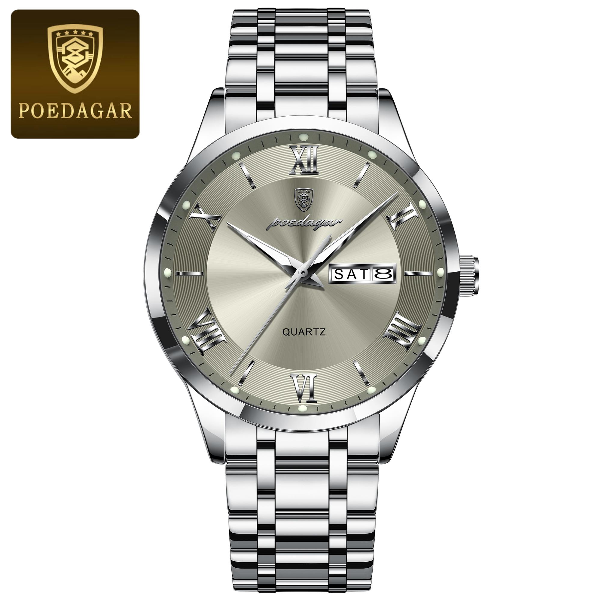 POEDAGAR Luxus Mode Herren Uhr Wasserdicht Leuchtend Wochentag Datum Sport Armbanduhr Edelstahl Quarz Uhren Reloj silber/grau