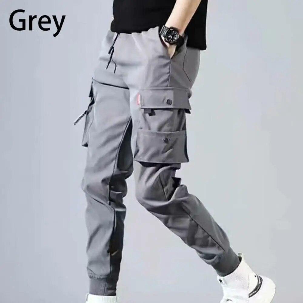 Männer Cargo Hosen Multi Tasche Kordelzug Outdoor Mann Jogginghose Männlichen Hip Hop Joggers Hosen Mode Jogginghose Overalls Casual L grau