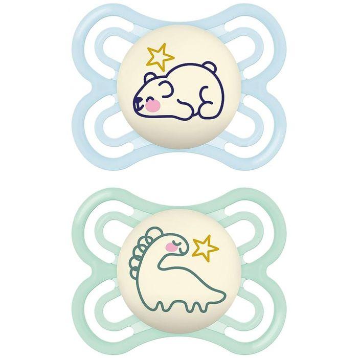 Schnuller-MAM Schnuller Perfect Nacht - 2-6 Monate - Silikon - X2 (Modell : Bär und Dinosaurier)