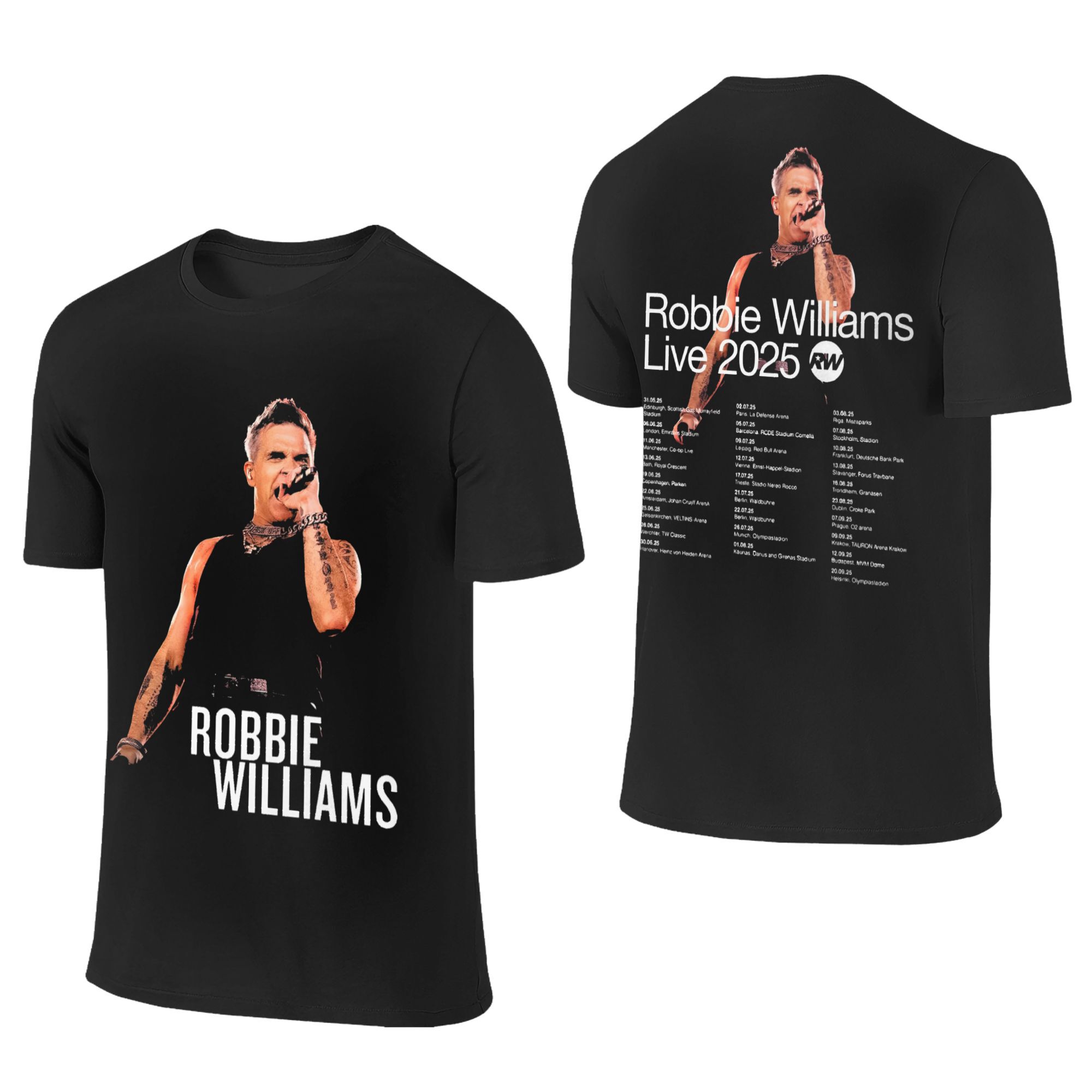 Robbie Williams Live 2025 Tour Konzert Bekleidung Herren Damen T-Shirt Baumwolle T-Shirt Grafikdruck T-Shirt Kleidung M black