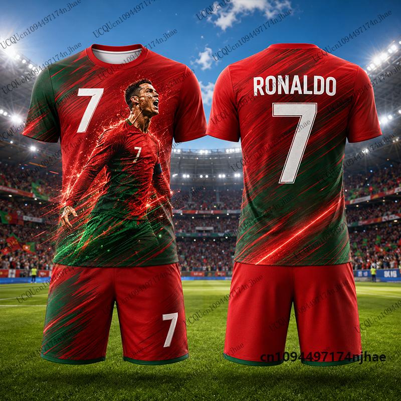 2-teilige Outfits Kinder Trainingsanzug Fußballtrikot Ronaldo #7 Aufdruck T-Shirt+Shorts Set Freizeitanzug Sport Kinderkleidung 130 red