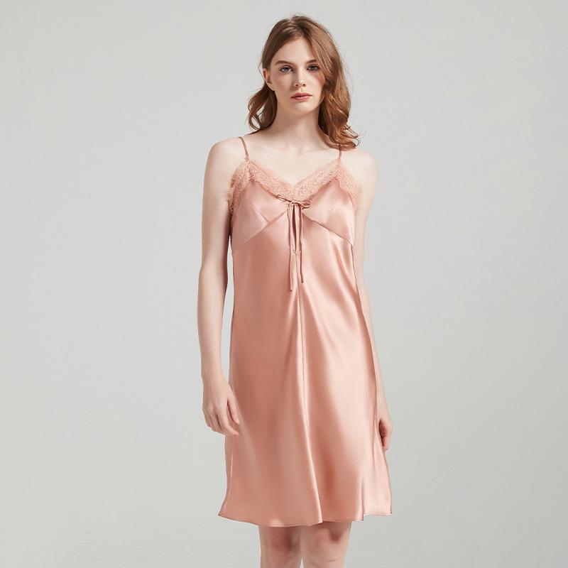 Damenpyjama aus Maulbeerseide 19 mm Seide Spaghettikleid Spitze Schleife Kurzes Nachthemd Rückenfrei Damen Sexy Pyjama Pyjama Pyjama XL