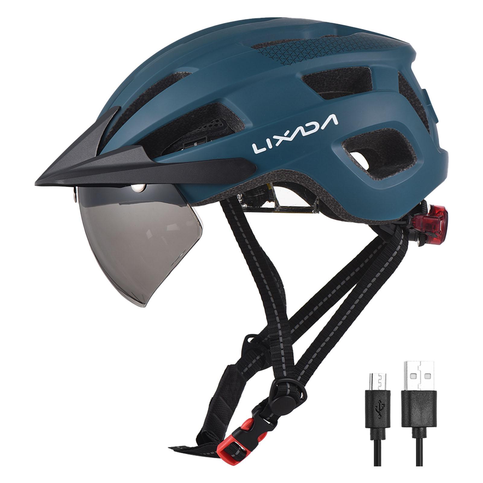 Fahrradhelm mit Windschutzscheibe und Sonnenblende, wiederaufladbares Rücklicht, verstellbarer Fahrradhelm für blau