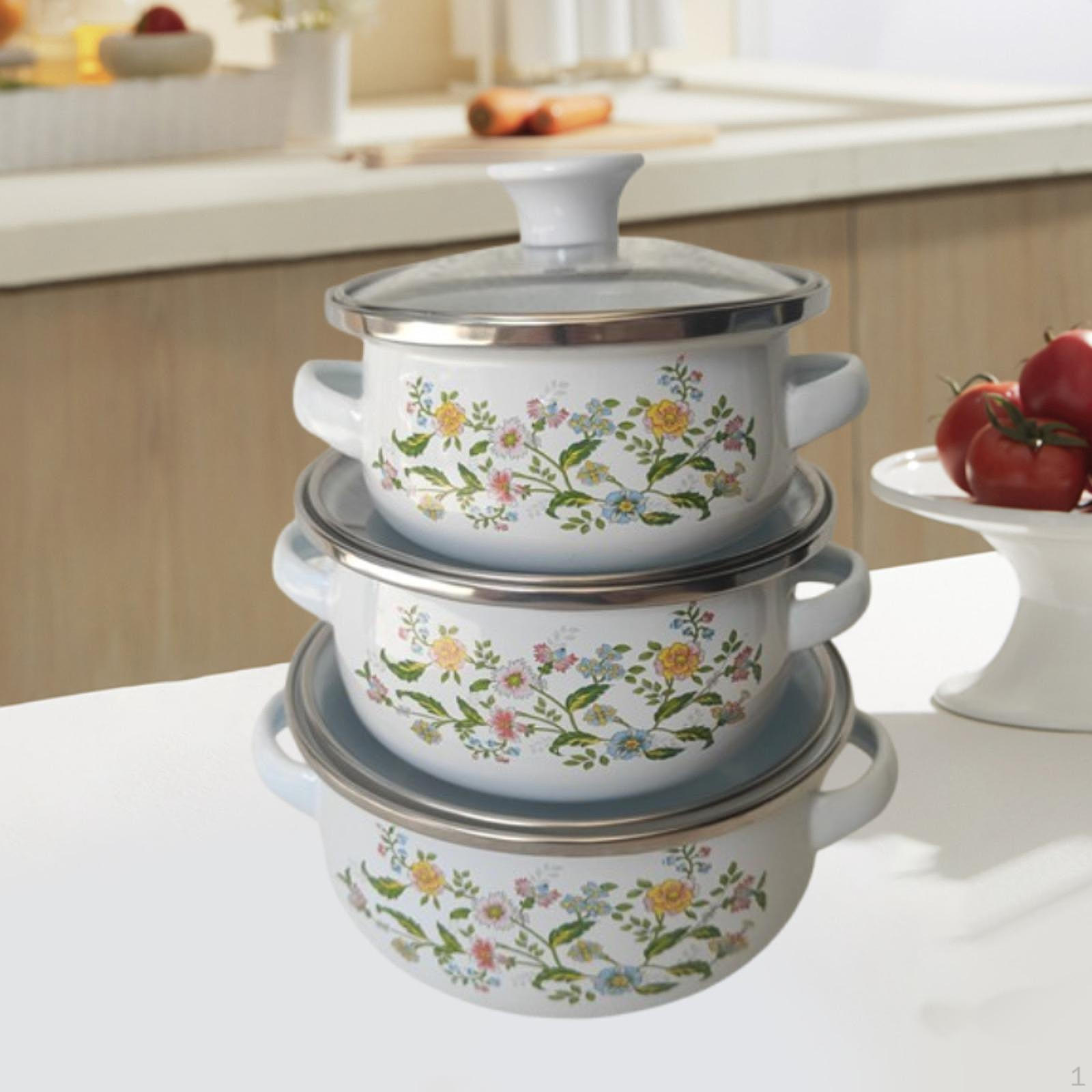 3 Stück Emaille Kochtopf Kochtöpfe Antihaft Vintage Topf Schmoren Bohne Köcheln für Speisen Flower