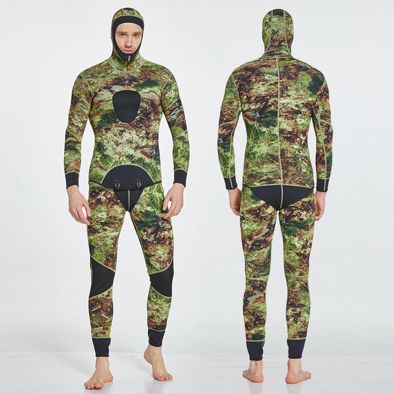 Männer 3mm Neopren Warme Kapuze Speerfischen Neoprenanzug Zwei Stücke Tauchen Anzüge Surfen Segeln Camo Neoprenanzüge XL