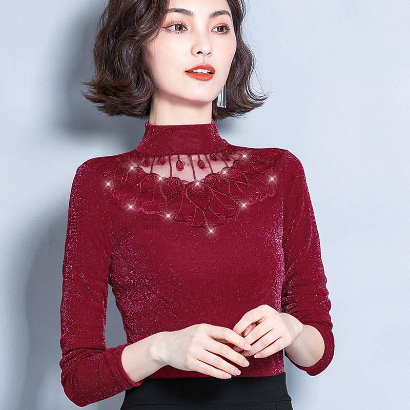 Frauen Herbst Winter Plus Samt Spitze Dicken Pullover Enge Sexy Bodenbildung Pullover Langarm XXXXXL wein rot