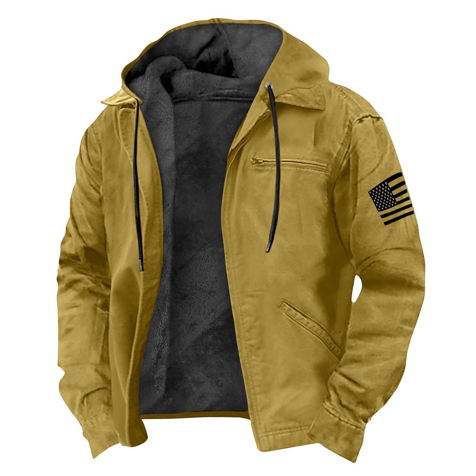 Lässige Herrenjacke mit Reißverschlusstasche und Kapuze, einfarbig, modisch, warme Herrenjacke XL gelb