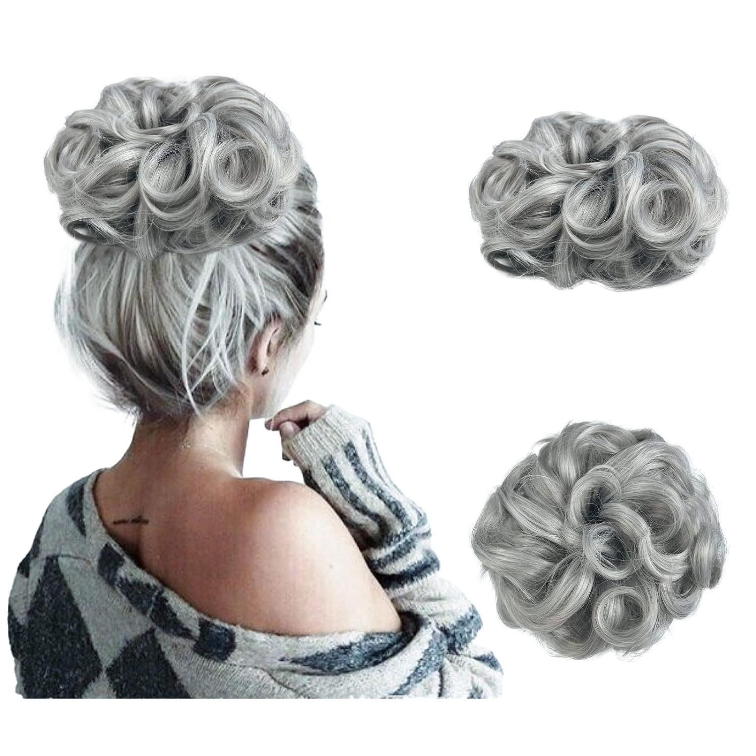 Fluffy unordentlicher Dutt Haarteil für Damen – Volumenreicher natürlicher Haargummi 3.5inch silber grau